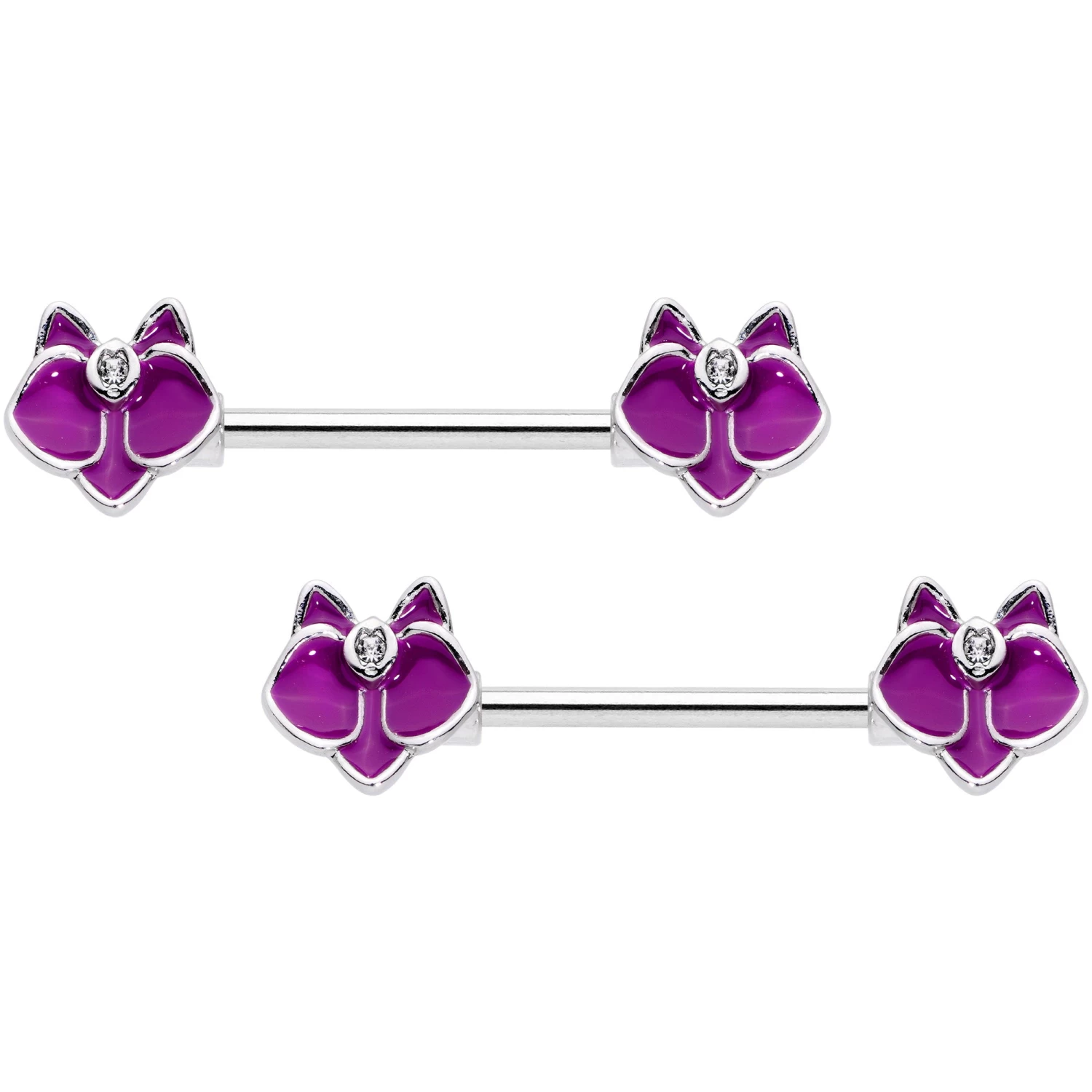 14 Gauge 9/16 Clear Gem Purple Orchid Flower Barbell Nipple Ring Set 1 14 Gauge 9/16 Clear Gem Purple Orchid Flower Barbell Nipple Ring Set