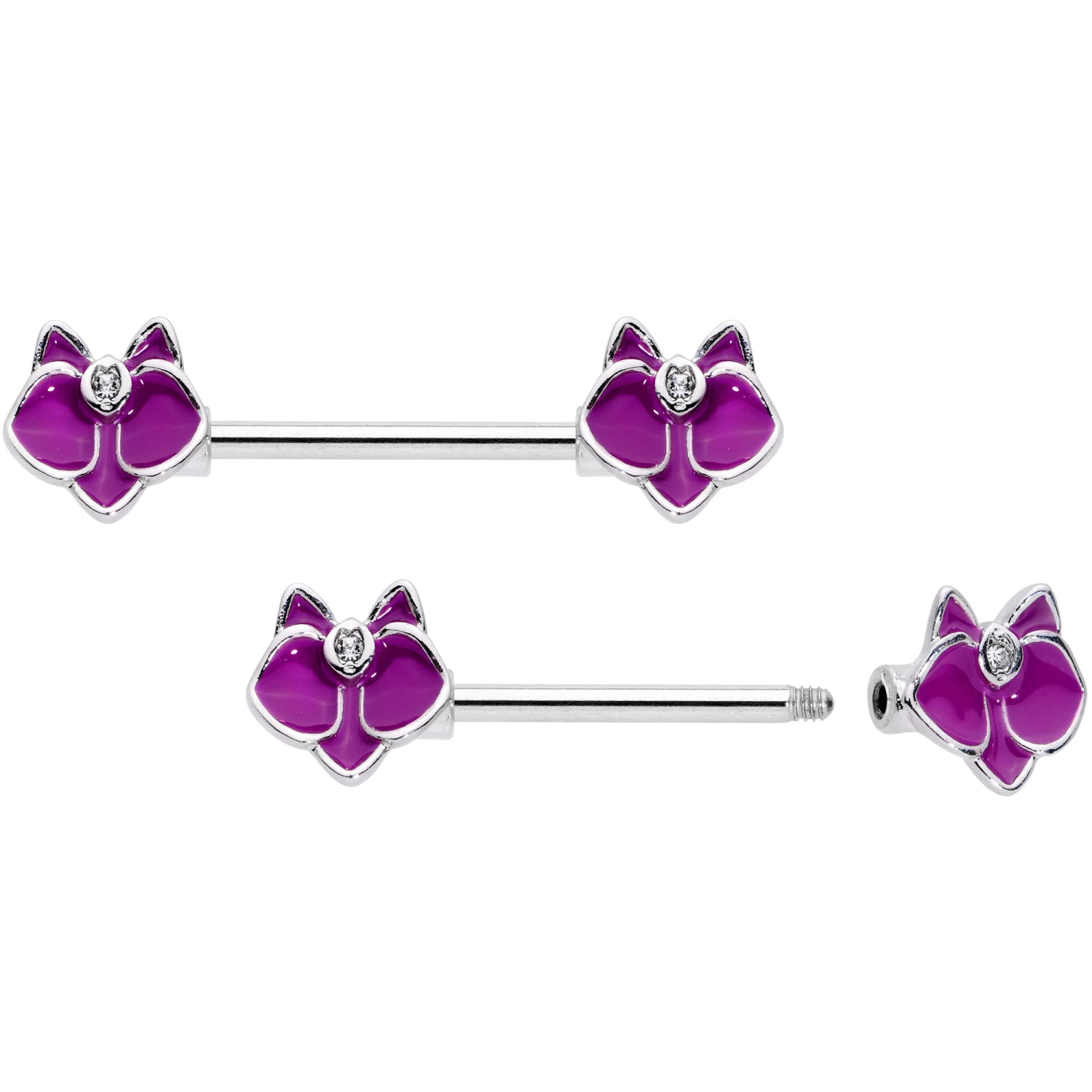 14 Gauge 9/16 Clear Gem Purple Orchid Flower Barbell Nipple Ring Set 2 14 Gauge 9/16 Clear Gem Purple Orchid Flower Barbell Nipple Ring Set - Image 2