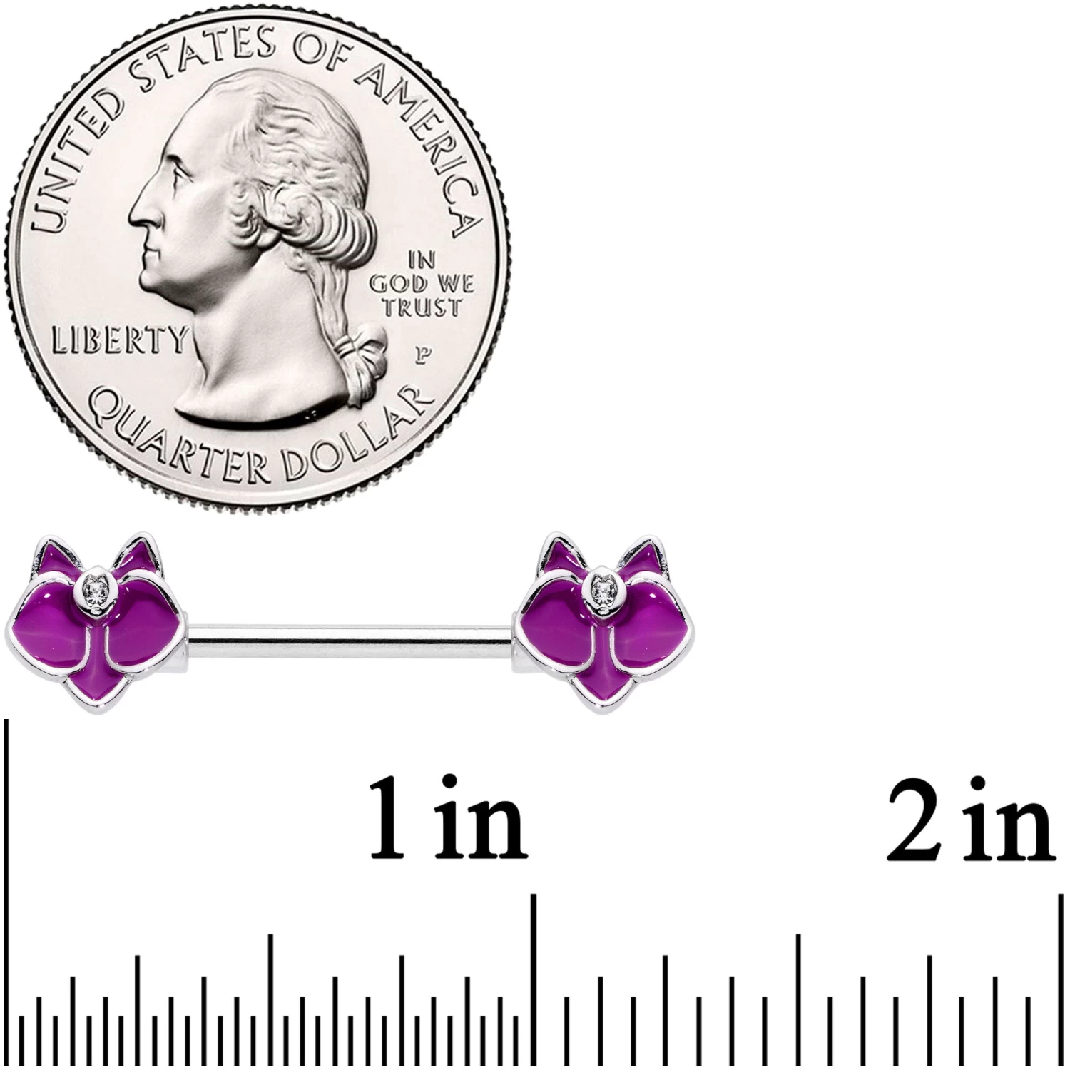 14 Gauge 9/16 Clear Gem Purple Orchid Flower Barbell Nipple Ring Set 3 14 Gauge 9/16 Clear Gem Purple Orchid Flower Barbell Nipple Ring Set - Image 3