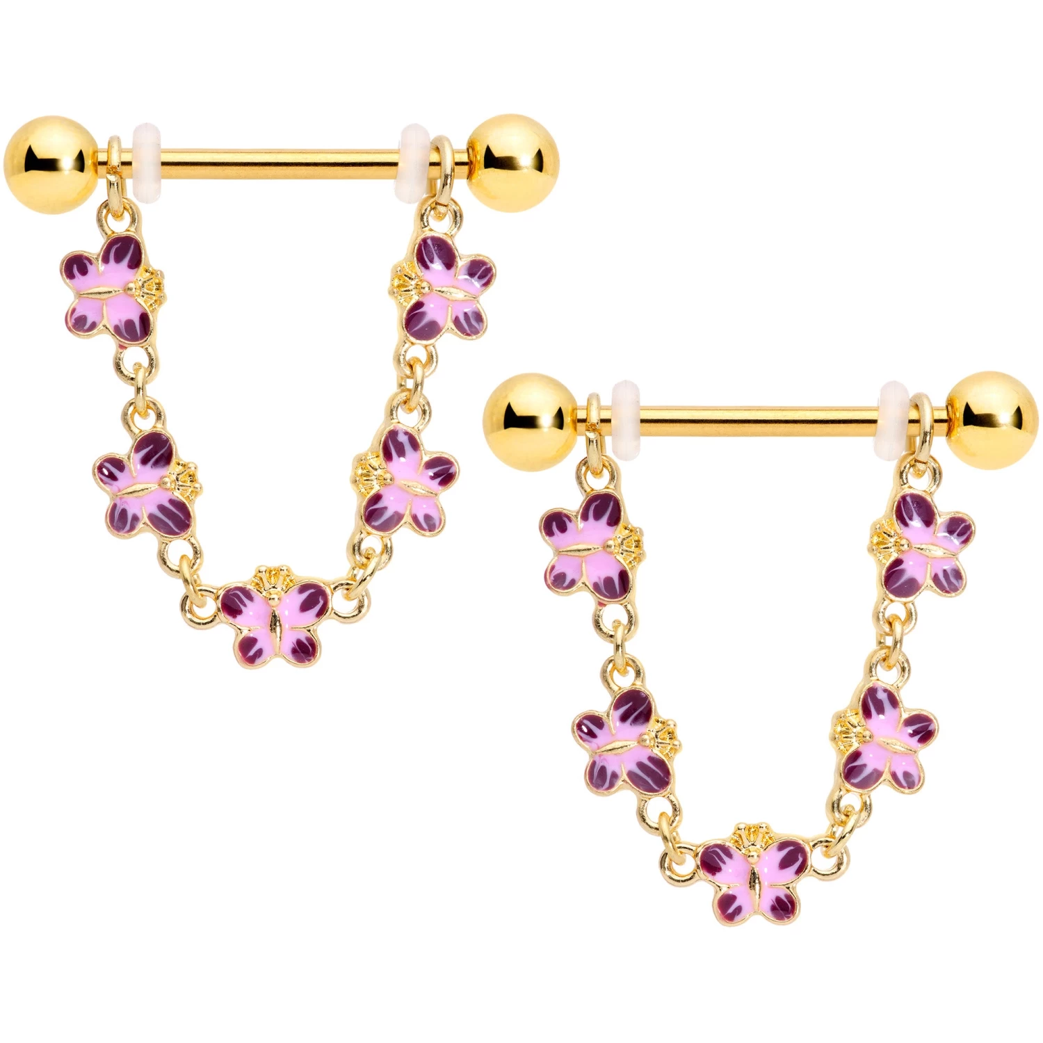 14 Gauge 3/4 Pink Purple Gold Tone Butterflies Dangle Nipple Ring Set 1 14 Gauge 3/4 Pink Purple Gold Tone Butterflies Dangle Nipple Ring Set