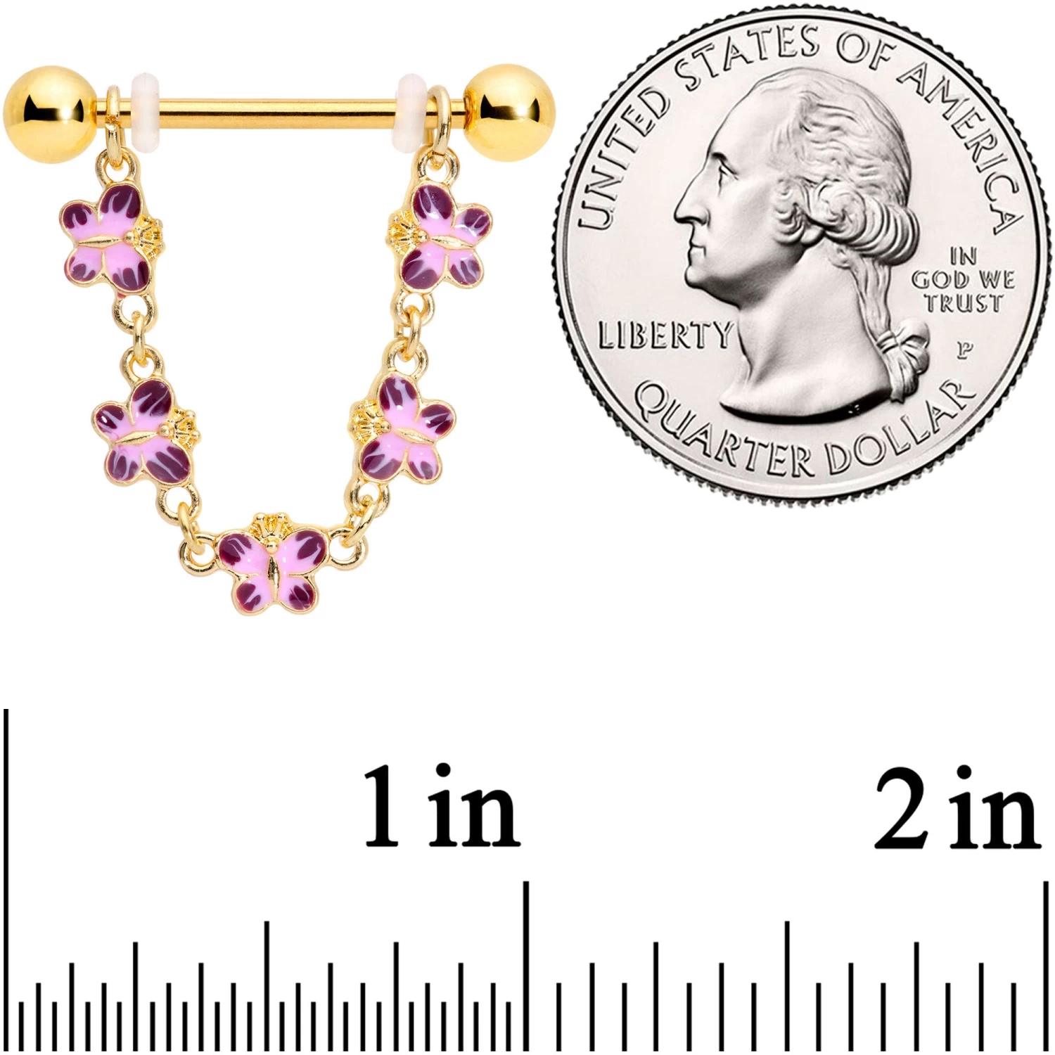 14 Gauge 3/4 Pink Purple Gold Tone Butterflies Dangle Nipple Ring Set 2 14 Gauge 3/4 Pink Purple Gold Tone Butterflies Dangle Nipple Ring Set - Image 2