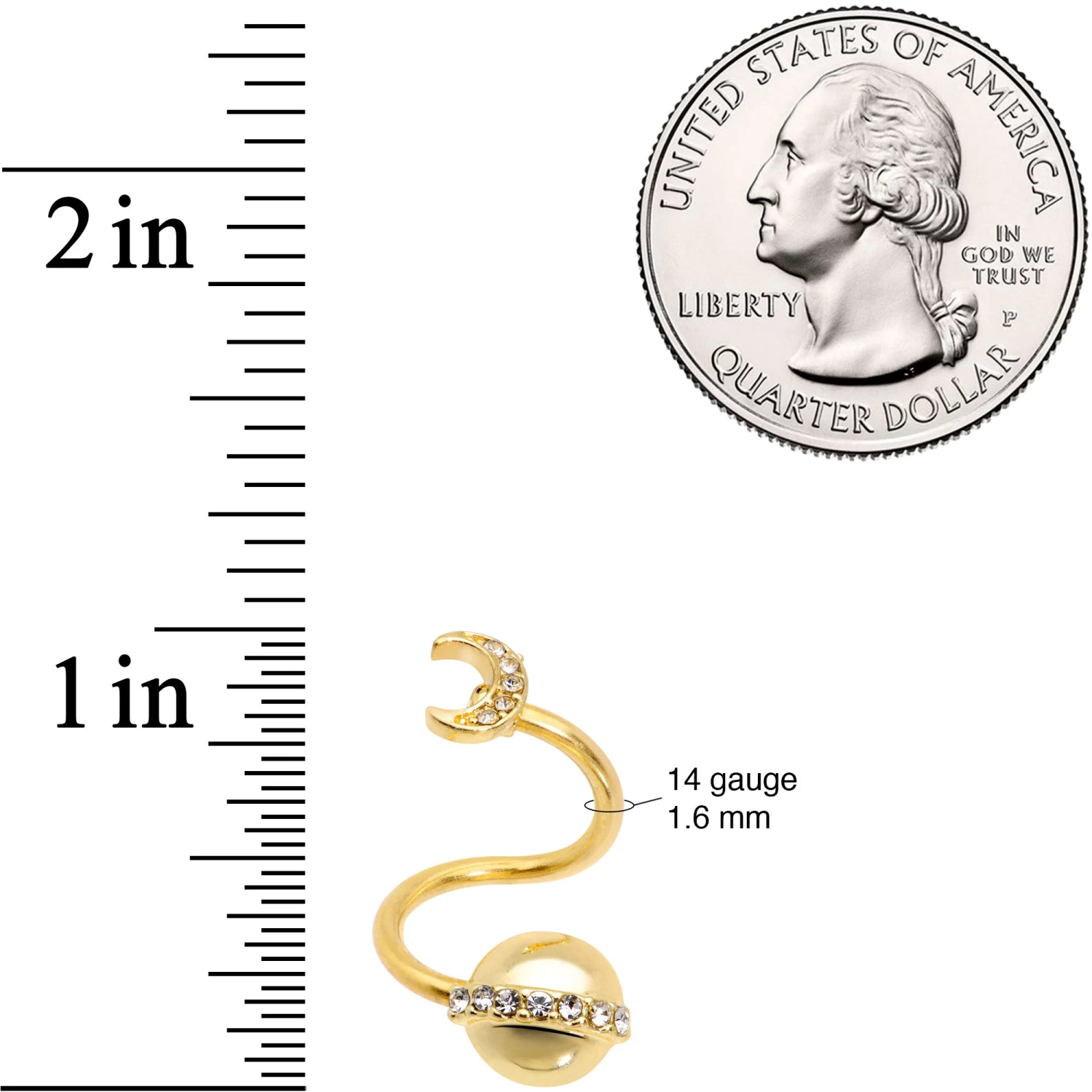 14 Gauge 1/2 Clear Gem Gold Tone Saturn Moon Spiral Twister Belly Ring 3 14 Gauge 1/2 Clear Gem Gold Tone Saturn Moon Spiral Twister Belly Ring - Image 3