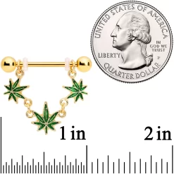 14 Gauge 3/4 Green Gold Tone Weed Pot Leaf Dangle Nipple Ring Set -Body Jewelry Store 67336.otherimage1