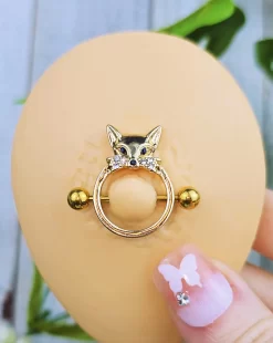 14 Gauge 13/16 Clear Black Gem Gold Tone Fox Nipple Shield Set -Body Jewelry Store 67341.otherimage2