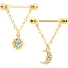 Gaby 14 Gauge 5/8 Aurora Gem Gold Tone Sun Moon Dangle Nipple Ring Set