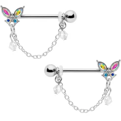 Gaby 14 Gauge 5/8 Aurora Gem Butterfly Dangle Nipple Ring Set
