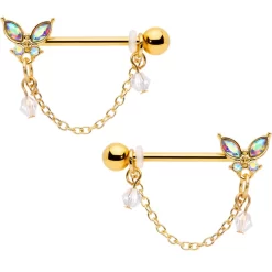 Gaby 14 Gauge 5/8 Aurora Gem Gold Tone Butterfly Dangle Nipple Ring Set