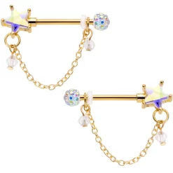 Gaby 14 Gauge 5/8 Aurora Gem Gold Tone Star Chain Dangle Nipple Ring Set