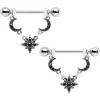 14 Gauge 9/16 Black Gem Crescent Moons Star Dangle Nipple Ring Set