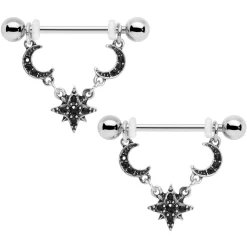 14 Gauge 9/16 Black Gem Crescent Moons Star Dangle Nipple Ring Set