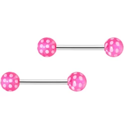 14 Gauge 9/16 Pink White Polka Dot UV Ball Barbell Nipple Ring Set