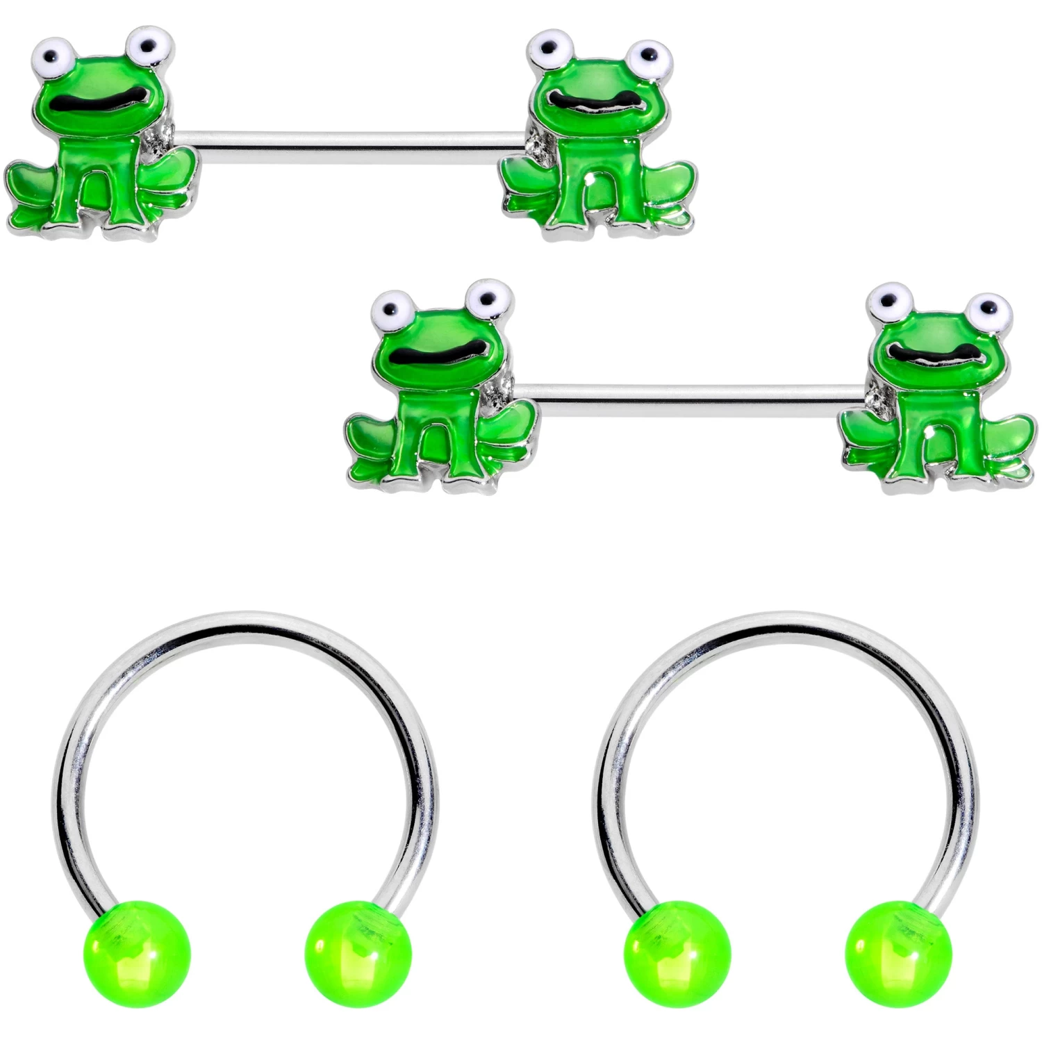 Gaby 14 Gauge 9/16 Green Frog UV Horseshoe Barbell Nipple Ring Set Of 4 1 Gaby 14 Gauge 9/16 Green Frog UV Horseshoe Barbell Nipple Ring Set Of 4