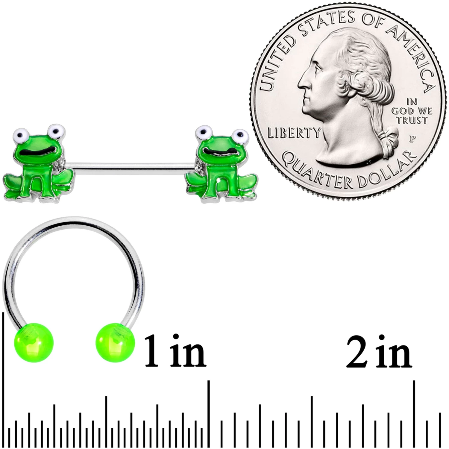 Gaby 14 Gauge 9/16 Green Frog UV Horseshoe Barbell Nipple Ring Set Of 4 4 Gaby 14 Gauge 9/16 Green Frog UV Horseshoe Barbell Nipple Ring Set Of 4 - Image 4