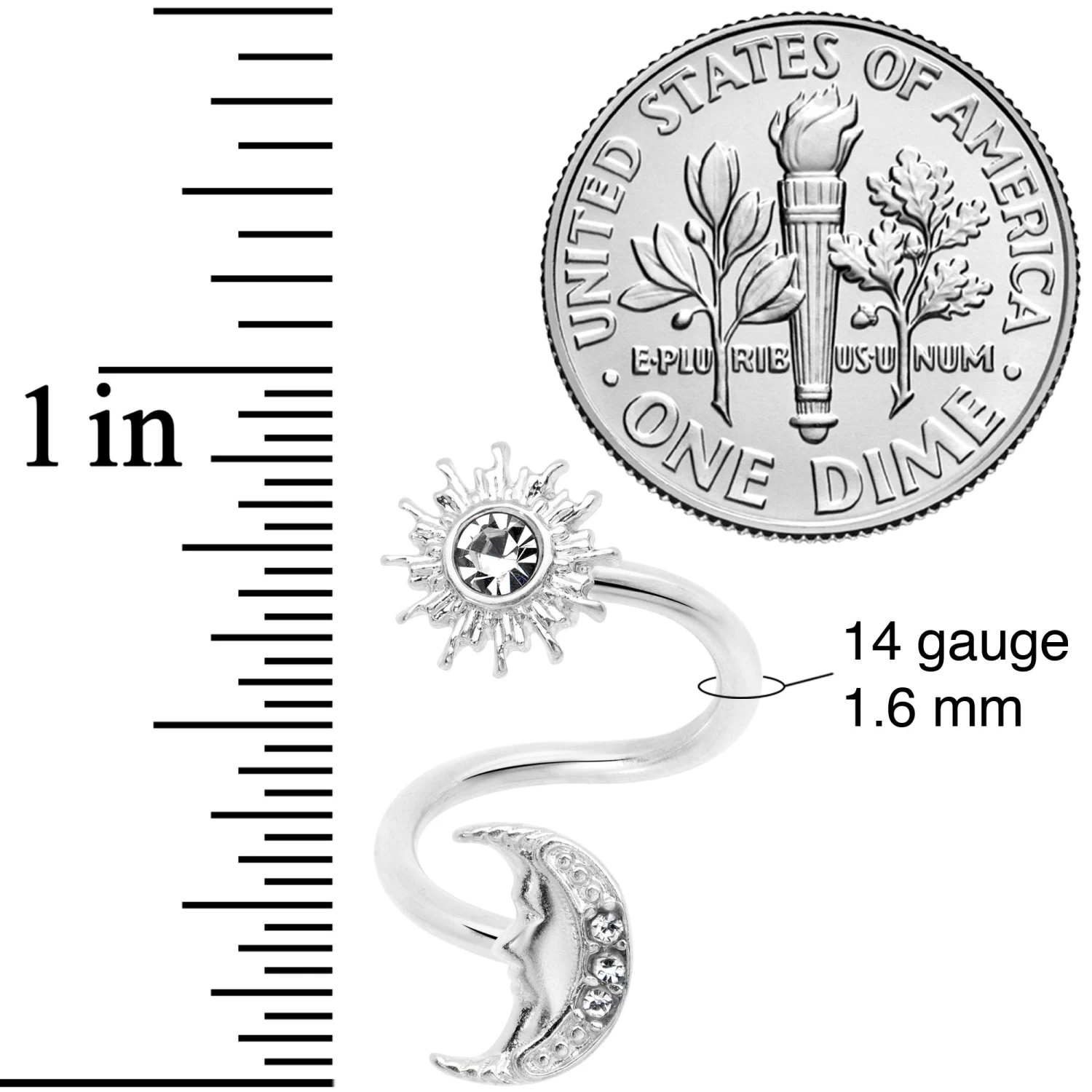 Gaby 14 Gauge 7/16 Clear Gem Moon Spiral Twister Belly Ring 2 Gaby 14 Gauge 7/16 Clear Gem Moon Spiral Twister Belly Ring - Image 2