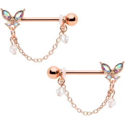 Gaby 14 Gauge 5/8 Aurora Gem Rose Gold Tone Butterfly Dangle Nipple Ring Set