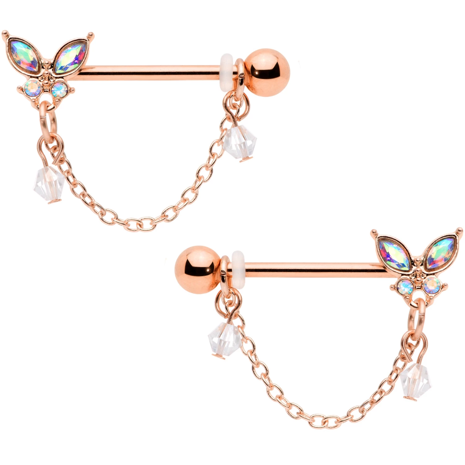 Gaby 14 Gauge 5/8 Aurora Gem Rose Gold Tone Butterfly Dangle Nipple Ring Set 1 Gaby 14 Gauge 5/8 Aurora Gem Rose Gold Tone Butterfly Dangle Nipple Ring Set