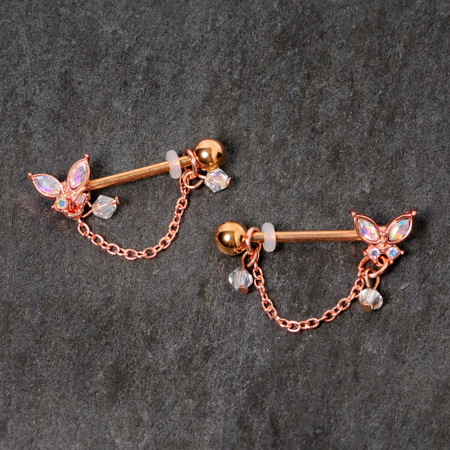 Gaby 14 Gauge 5/8 Aurora Gem Rose Gold Tone Butterfly Dangle Nipple Ring Set 2 Gaby 14 Gauge 5/8 Aurora Gem Rose Gold Tone Butterfly Dangle Nipple Ring Set - Image 2