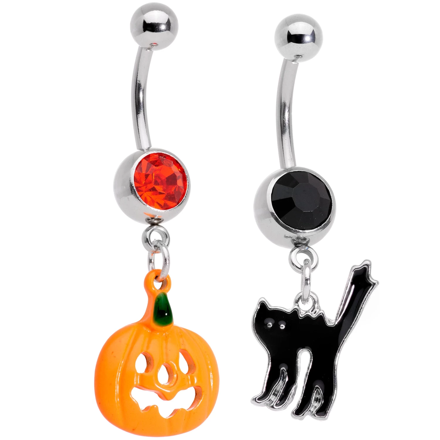Gaby Black Red Gem Pumpkin Cat Halloween Dangle Belly Ring Set Of 2 1 Gaby Black Red Gem Pumpkin Cat Halloween Dangle Belly Ring Set Of 2
