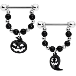 Gaby 14 Gauge 5/8 Black Pumpkin Ghost Halloween Dangle Nipple Ring Set