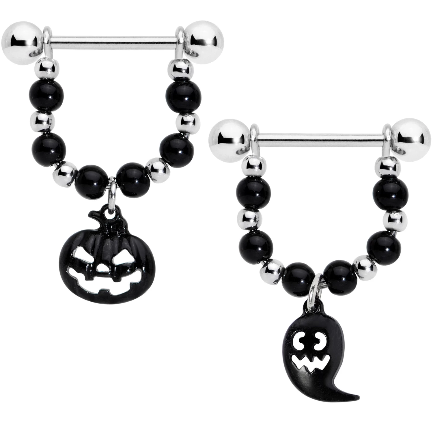 Gaby 14 Gauge 5/8 Black Pumpkin Ghost Halloween Dangle Nipple Ring Set 1 Gaby 14 Gauge 5/8 Black Pumpkin Ghost Halloween Dangle Nipple Ring Set