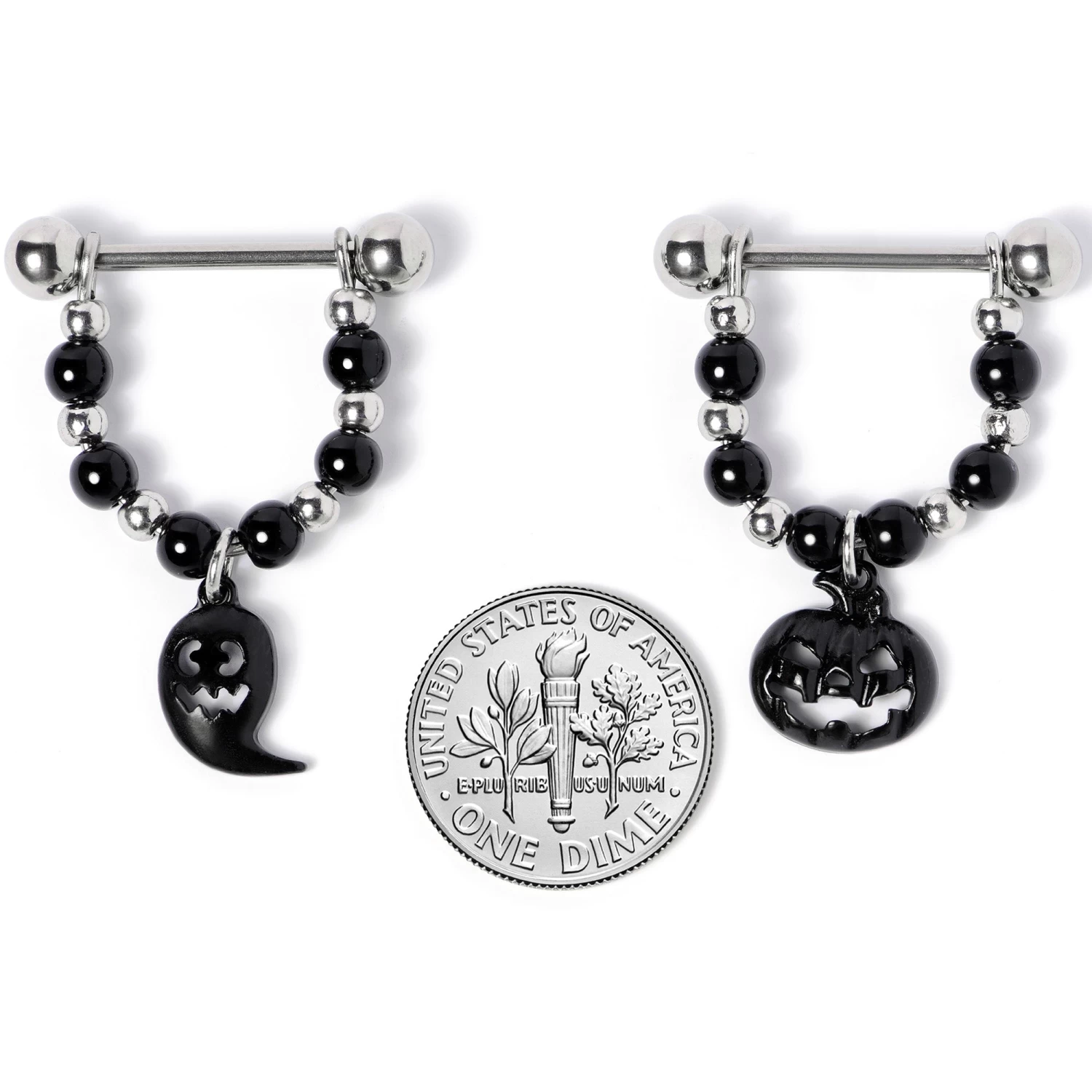 Gaby 14 Gauge 5/8 Black Pumpkin Ghost Halloween Dangle Nipple Ring Set 5 Gaby 14 Gauge 5/8 Black Pumpkin Ghost Halloween Dangle Nipple Ring Set - Image 5