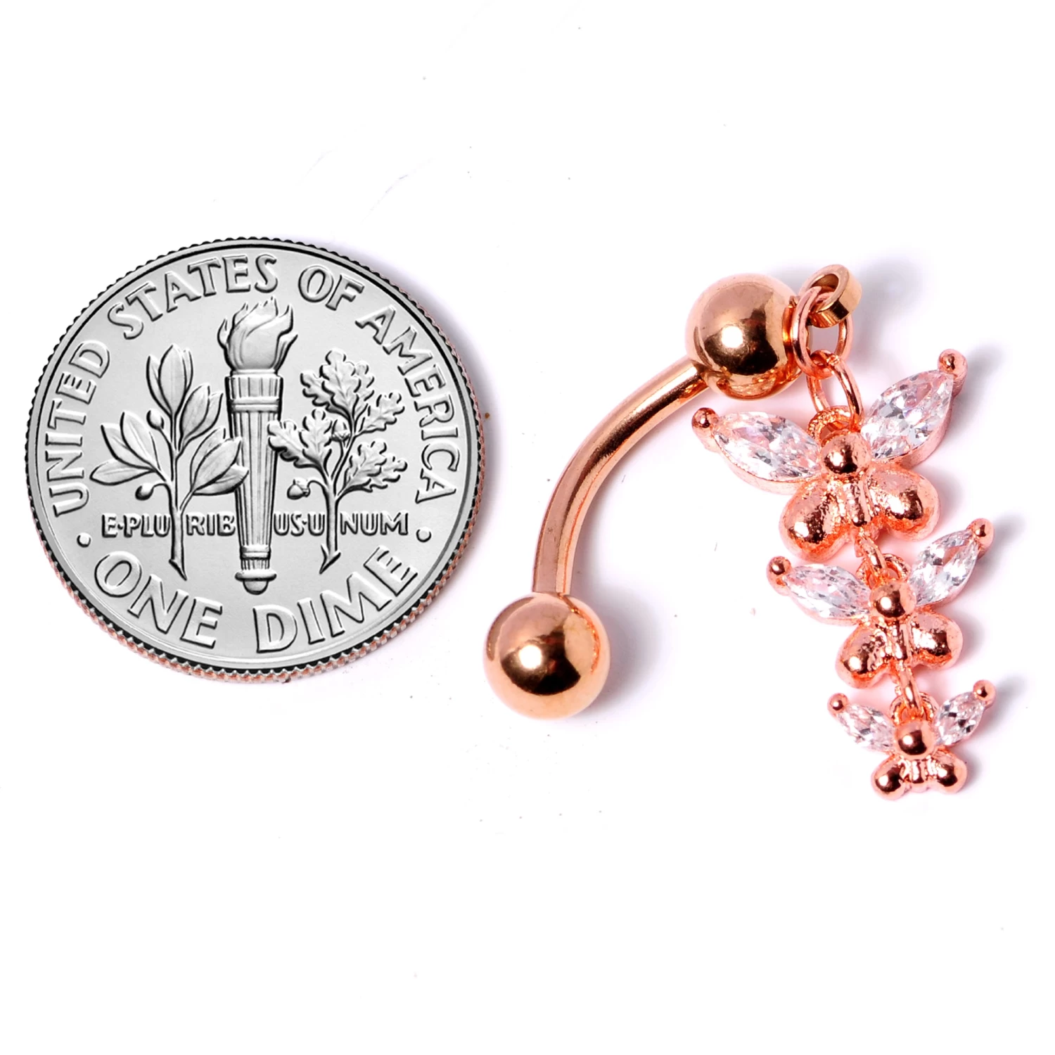Gaby Clear Gem Rose Gold Tone Butterflies Top Mount Dangle Belly Ring 3 Gaby Clear Gem Rose Gold Tone Butterflies Top Mount Dangle Belly Ring - Image 3