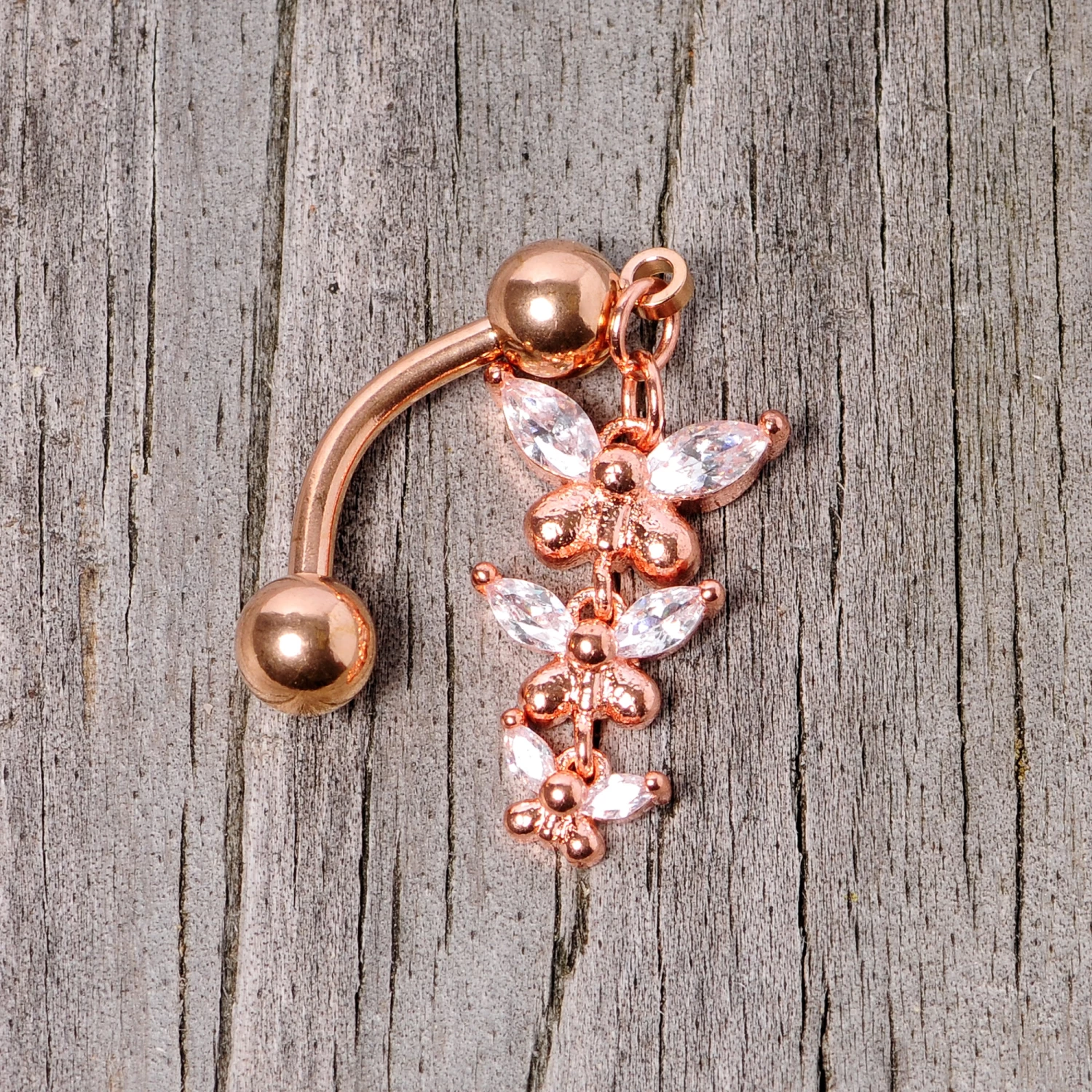 Gaby Clear Gem Rose Gold Tone Butterflies Top Mount Dangle Belly Ring 4 Gaby Clear Gem Rose Gold Tone Butterflies Top Mount Dangle Belly Ring - Image 4