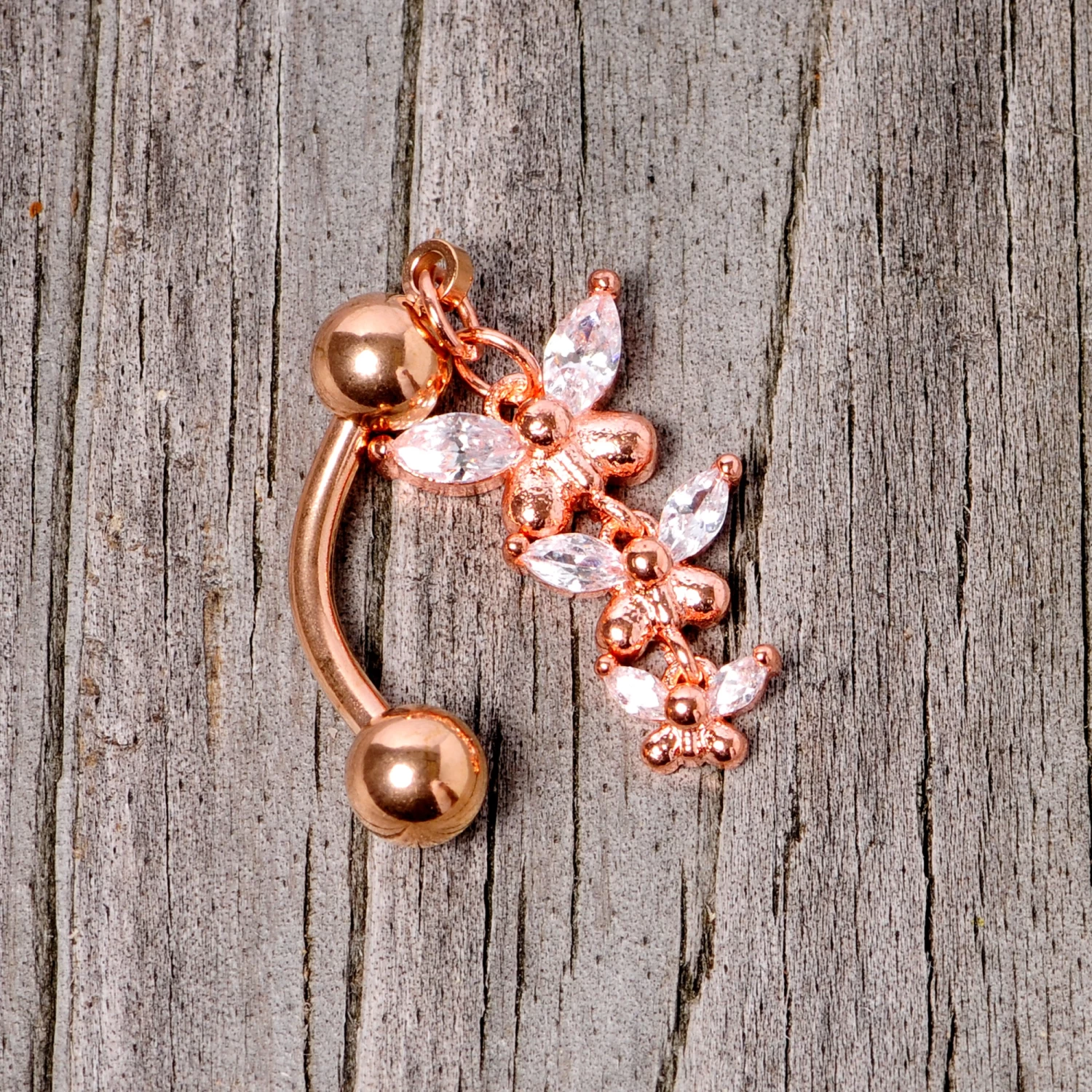 Gaby Clear Gem Rose Gold Tone Butterflies Top Mount Dangle Belly Ring 6 Gaby Clear Gem Rose Gold Tone Butterflies Top Mount Dangle Belly Ring - Image 6