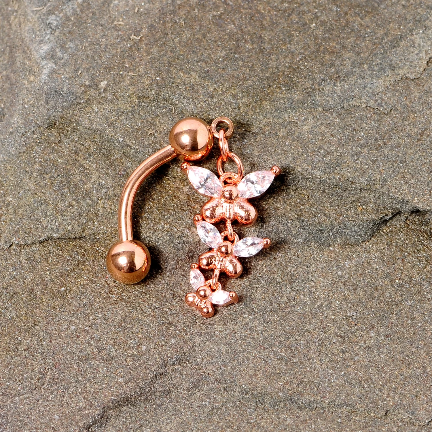 Gaby Clear Gem Rose Gold Tone Butterflies Top Mount Dangle Belly Ring 7 Gaby Clear Gem Rose Gold Tone Butterflies Top Mount Dangle Belly Ring - Image 7