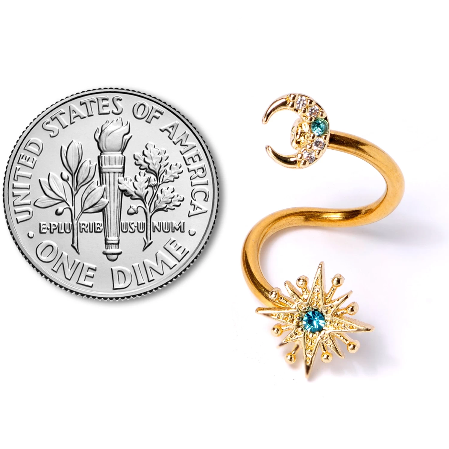 14 Gauge 3/8 Clear Blue Gem Gold Tone Moon Star Spiral Twister Belly Ring 3 14 Gauge 3/8 Clear Blue Gem Gold Tone Moon Star Spiral Twister Belly Ring - Image 3