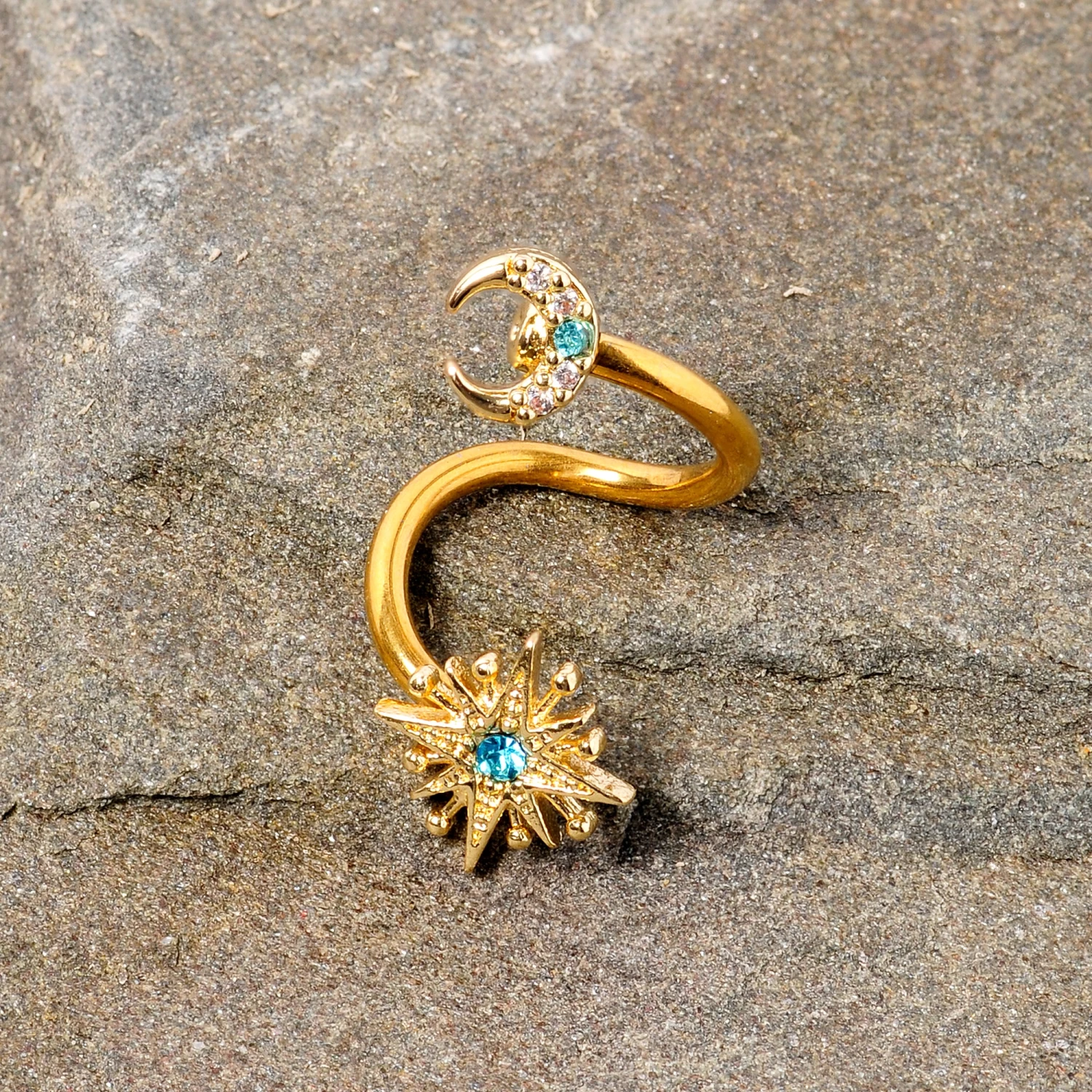 14 Gauge 3/8 Clear Blue Gem Gold Tone Moon Star Spiral Twister Belly Ring 6 14 Gauge 3/8 Clear Blue Gem Gold Tone Moon Star Spiral Twister Belly Ring - Image 6