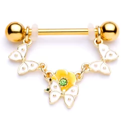 14 Gauge 5/8 Green Gem Gold Tone Butterfly Dangle Nipple Ring Set -Body Jewelry Store 67619.otherimage4