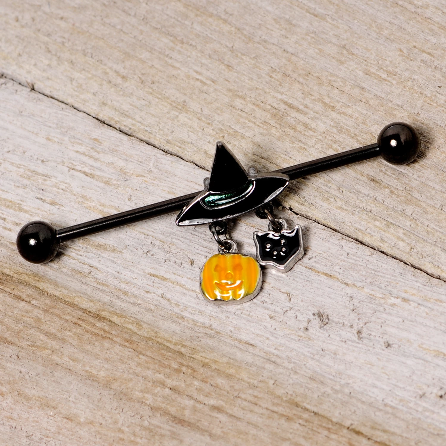 14 Gauge Black Cat Witch Hat Black Halloween Industrial Barbell 38mm 3 14 Gauge Black Cat Witch Hat Black Halloween Industrial Barbell 38mm - Image 3
