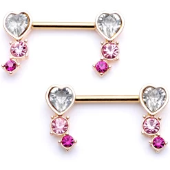 14 Gauge 9/16 Clear Pink Red Gem Heart Barbell Nipple Ring Set