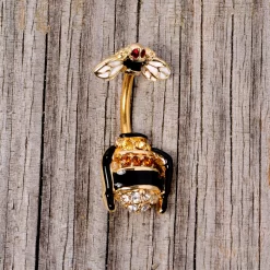 Clear Black Yellow Gem Gold Tone Bee Double Mount Belly Ring -Body Jewelry Store 67698.otherimage3