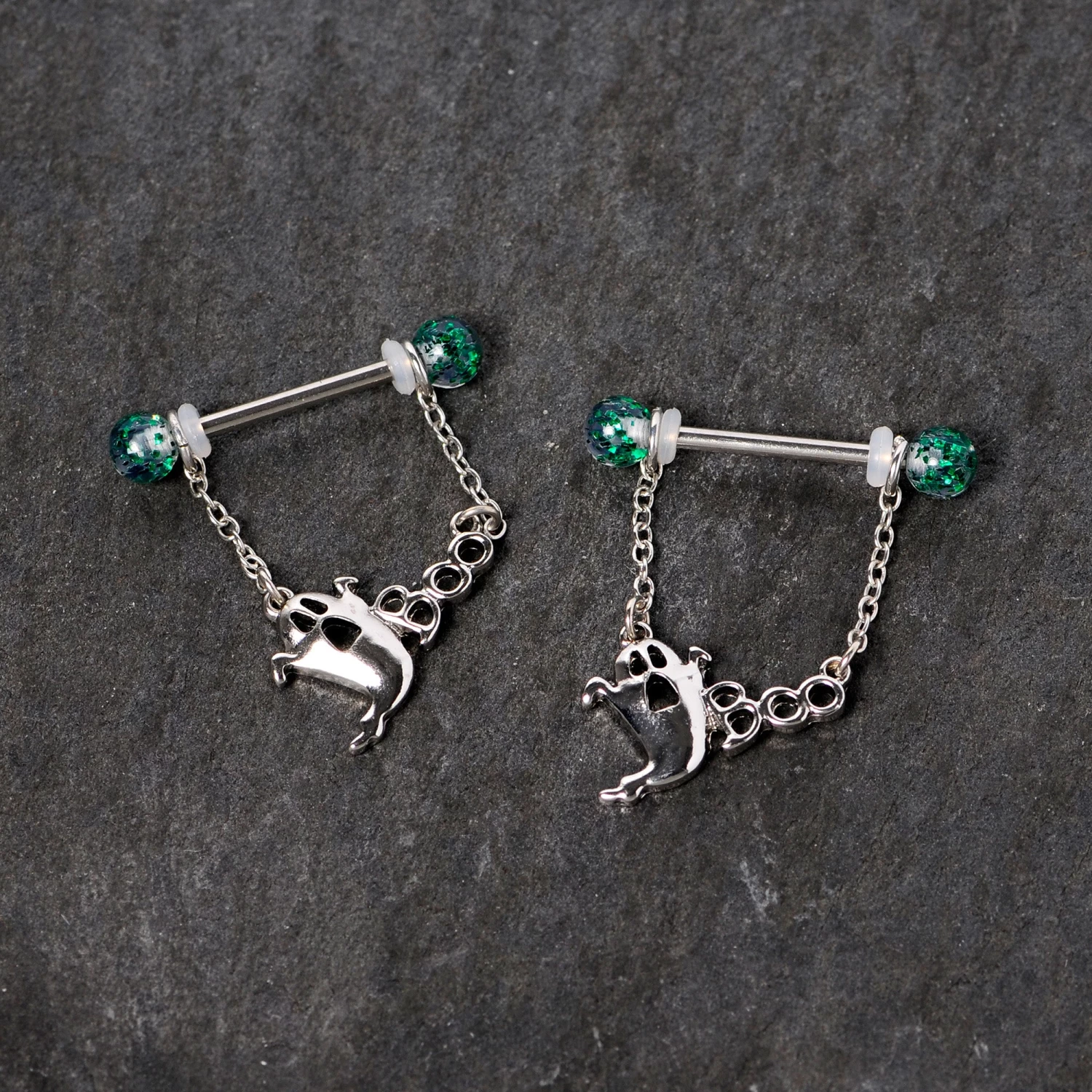 Gaby 14 Gauge 5/8 UV Ball Boo Ghost Halloween Chain Dangle Nipple Ring Set 3 Gaby 14 Gauge 5/8 UV Ball Boo Ghost Halloween Chain Dangle Nipple Ring Set - Image 3