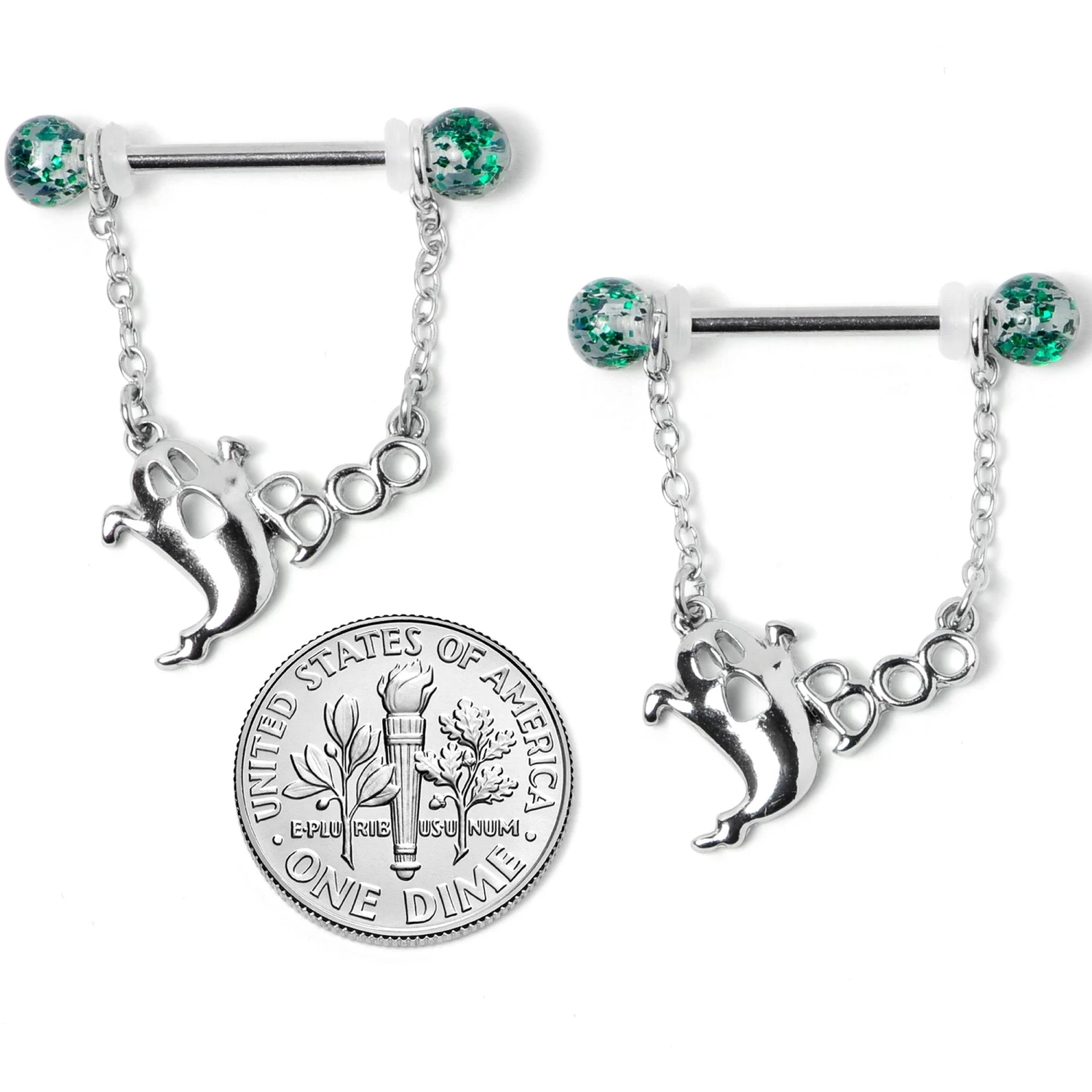 Gaby 14 Gauge 5/8 UV Ball Boo Ghost Halloween Chain Dangle Nipple Ring Set 5 Gaby 14 Gauge 5/8 UV Ball Boo Ghost Halloween Chain Dangle Nipple Ring Set - Image 5