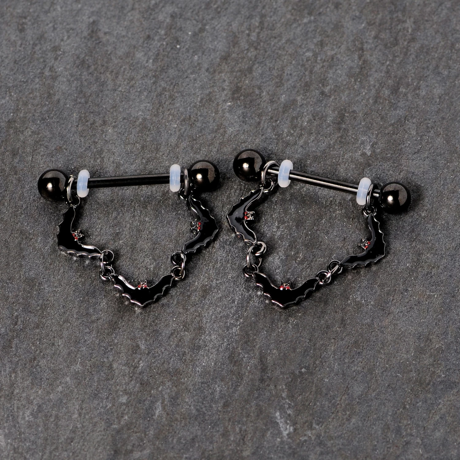 14 Gauge 9/16 Black Vampire Bat Halloween Dangle Nipple Ring Set 3 14 Gauge 9/16 Black Vampire Bat Halloween Dangle Nipple Ring Set - Image 3