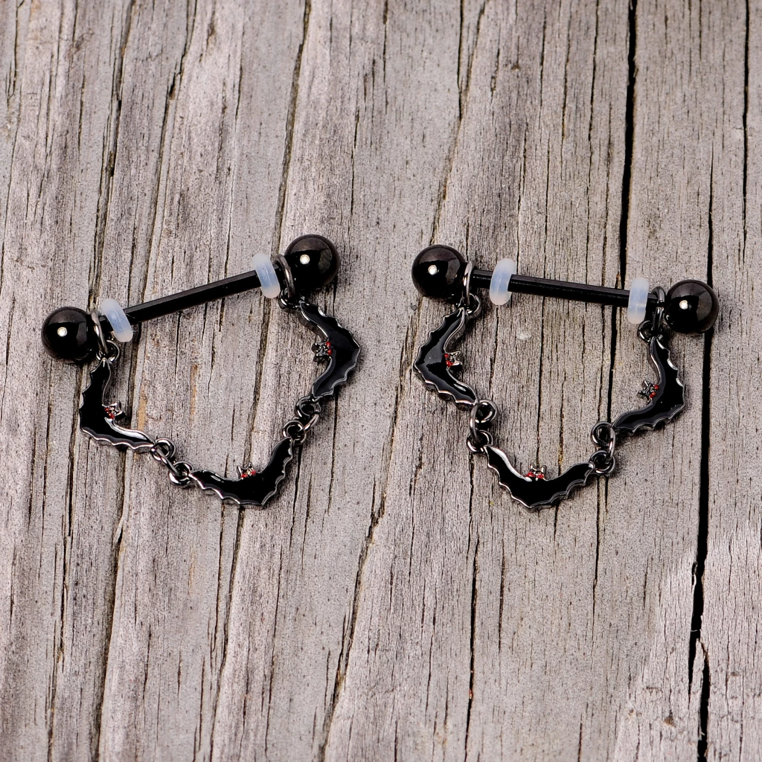 14 Gauge 9/16 Black Vampire Bat Halloween Dangle Nipple Ring Set 4 14 Gauge 9/16 Black Vampire Bat Halloween Dangle Nipple Ring Set - Image 4