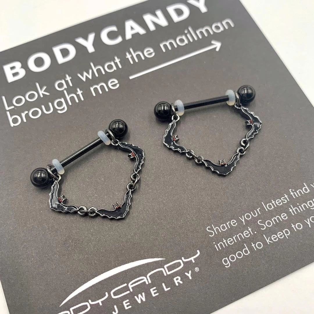 14 Gauge 9/16 Black Vampire Bat Halloween Dangle Nipple Ring Set 2 14 Gauge 9/16 Black Vampire Bat Halloween Dangle Nipple Ring Set - Image 2