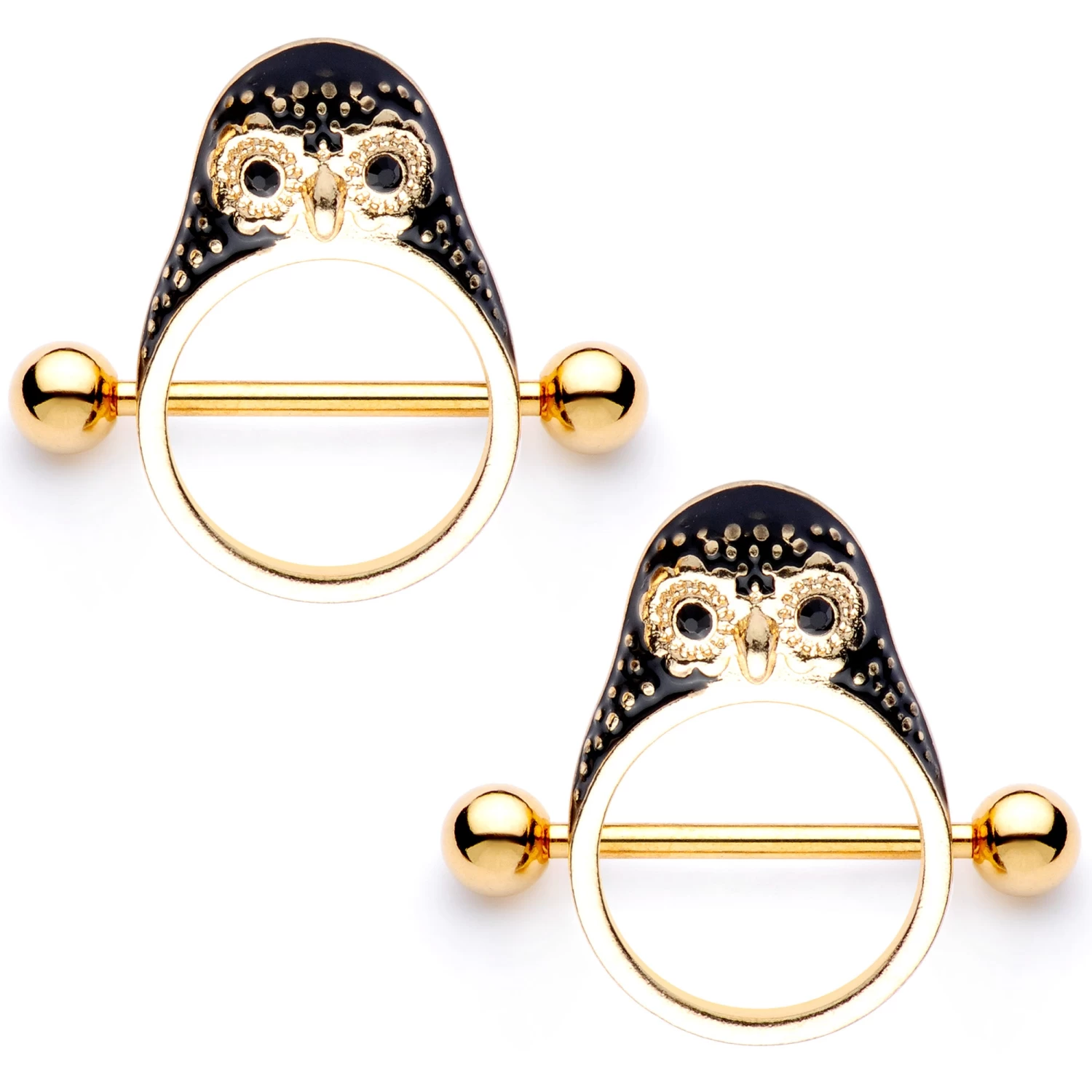 14 Gauge 9/16 Black Gem Gold Tone Barn Owl Nipple Shield Set 1 14 Gauge 9/16 Black Gem Gold Tone Barn Owl Nipple Shield Set