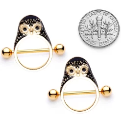 14 Gauge 9/16 Black Gem Gold Tone Barn Owl Nipple Shield Set 9 14 Gauge 9/16 Black Gem Gold Tone Barn Owl Nipple Shield Set -Body Jewelry Store 67807.otherimage4