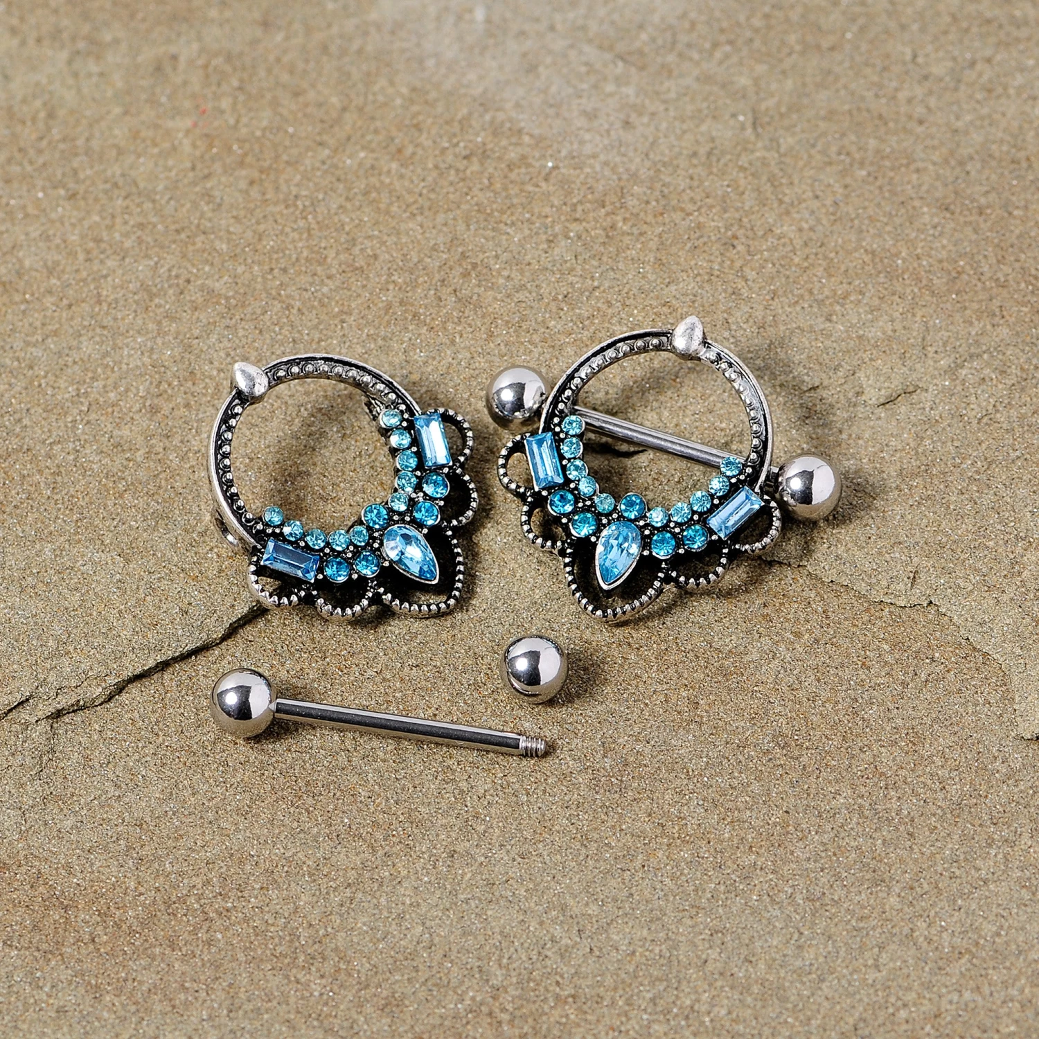 Gaby 14 Gauge 5/8 Aqua Gem Filigree Nipple Shield Set 3 Gaby 14 Gauge 5/8 Aqua Gem Filigree Nipple Shield Set - Image 3