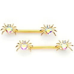 Gaby 14 Gauge 9/16 Aurora Gem Gold Tone Heart Spider Barbell Nipple Ring Set