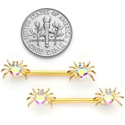 Gaby 14 Gauge 9/16 Aurora Gem Gold Tone Heart Spider Barbell Nipple Ring Set -Body Jewelry Store 67822.otherimage4