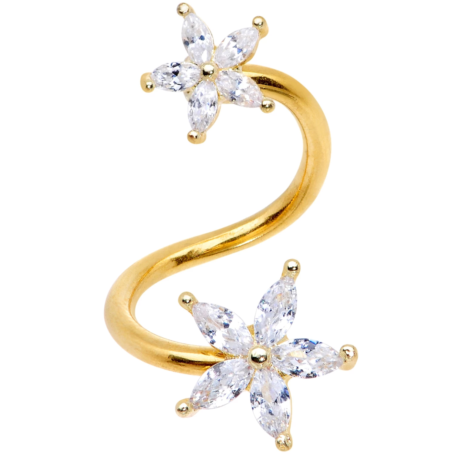 Gaby 14 Gauge Clear Gem Gold Tone Star Flower Spiral Twister Belly Ring 1 Gaby 14 Gauge Clear Gem Gold Tone Star Flower Spiral Twister Belly Ring