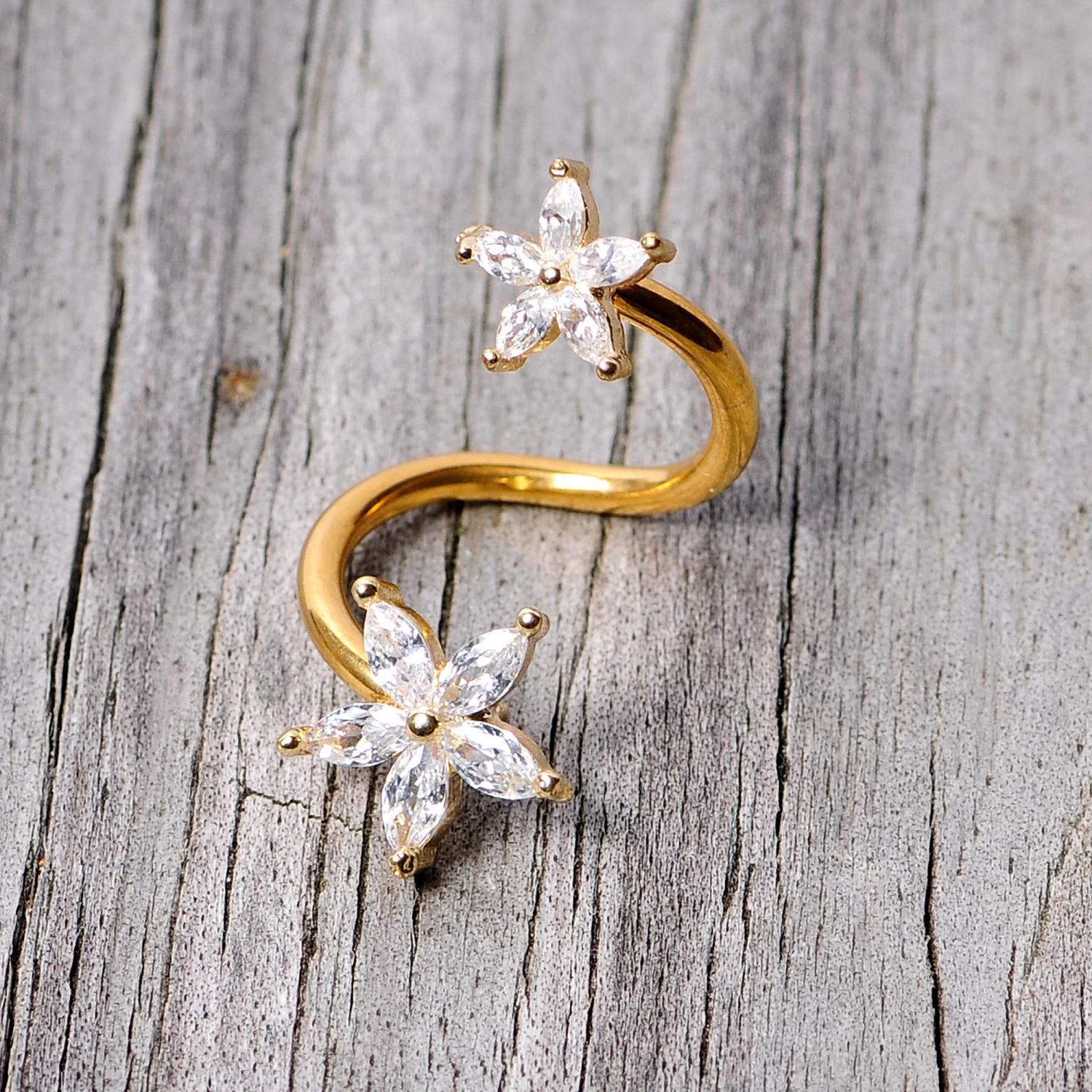 Gaby 14 Gauge Clear Gem Gold Tone Star Flower Spiral Twister Belly Ring 4 Gaby 14 Gauge Clear Gem Gold Tone Star Flower Spiral Twister Belly Ring - Image 4