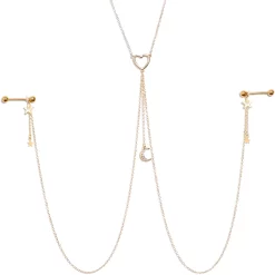 Gaby 14 Gauge 5/8 Clear Gem Gold Tone Heart Star Nipple Chain Necklace