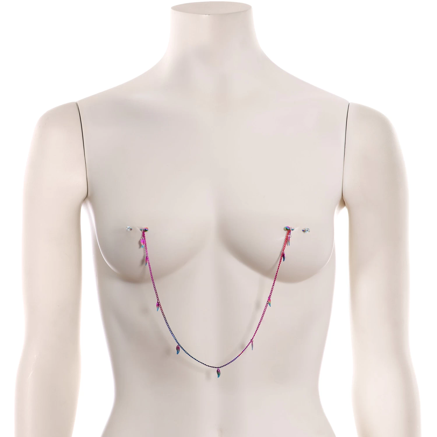 Gaby 14 Gauge 5/8 Clear Gem Rainbow Autumn Leaves Dangle Nipple Chain 3 Gaby 14 Gauge 5/8 Clear Gem Rainbow Autumn Leaves Dangle Nipple Chain - Image 3