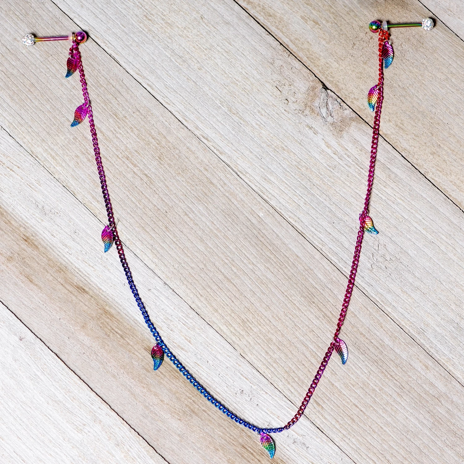 Gaby 14 Gauge 5/8 Clear Gem Rainbow Autumn Leaves Dangle Nipple Chain 5 Gaby 14 Gauge 5/8 Clear Gem Rainbow Autumn Leaves Dangle Nipple Chain - Image 5